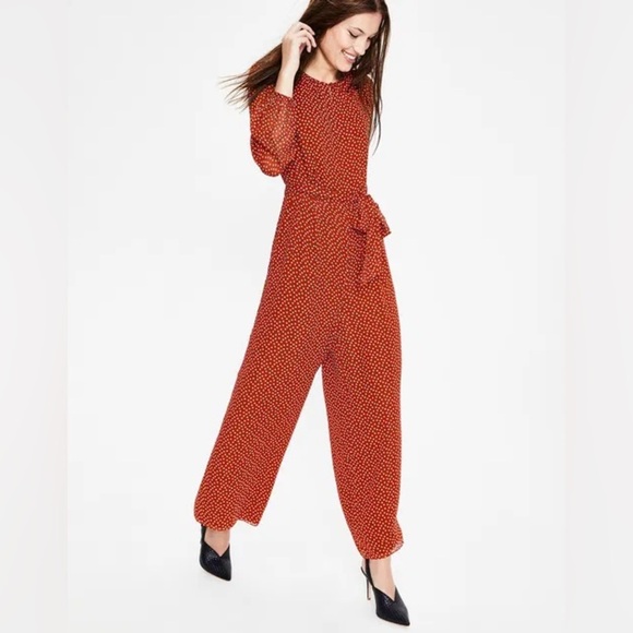 Boden Hermione Silk Jumpsuit Red Polka Dot Long Sleeve Wide Leg Size 6 - Picture 2 of 13